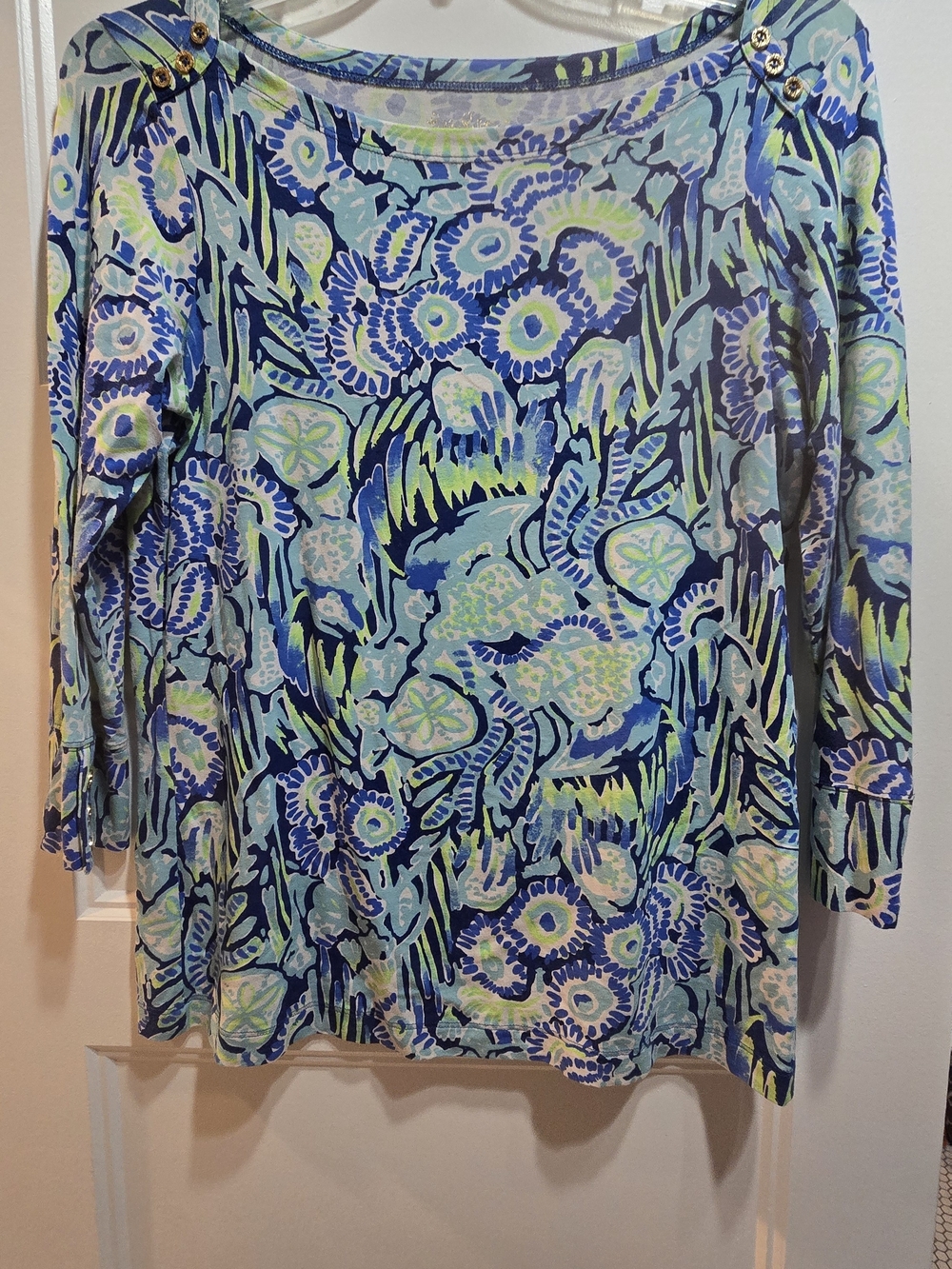 Lilly Pulitzer Blue & Green Floral-Print Long Sleeve Boatneck Top Size L